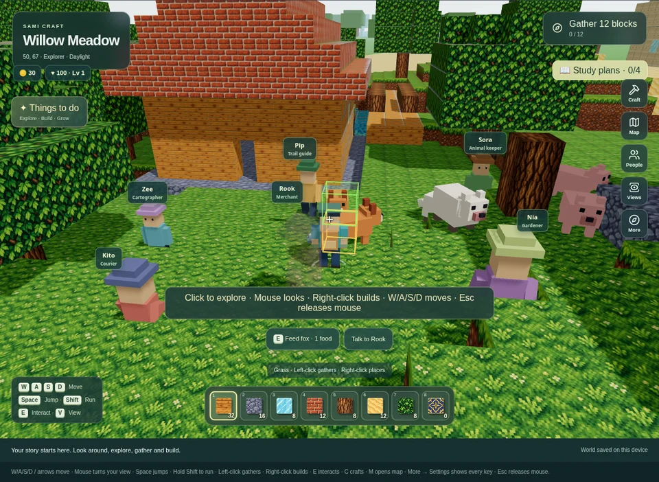 Actual Sami Craft gameplay with a meadow, trees and building controls